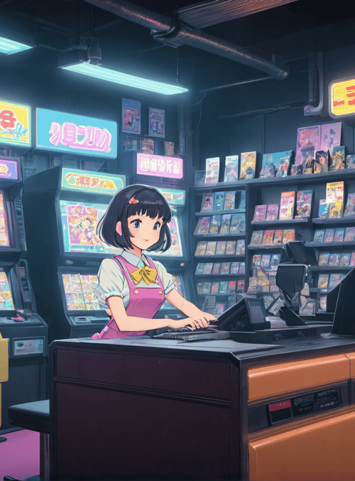 anime girl, arcade, magazine rack