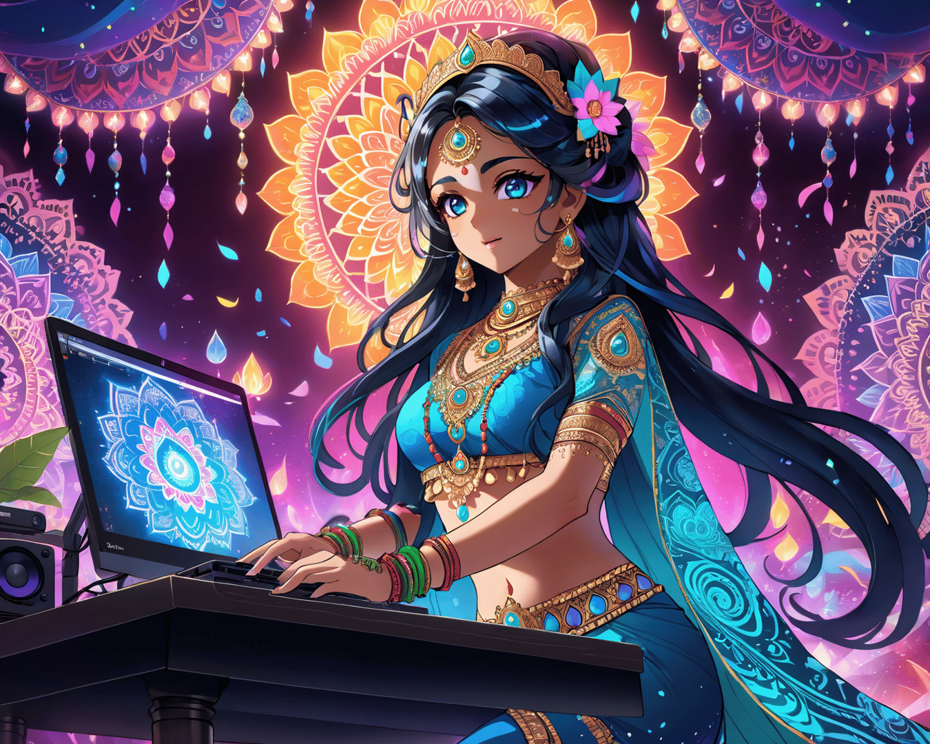 AI generated wallpaper featuring woman, laptop, mandala