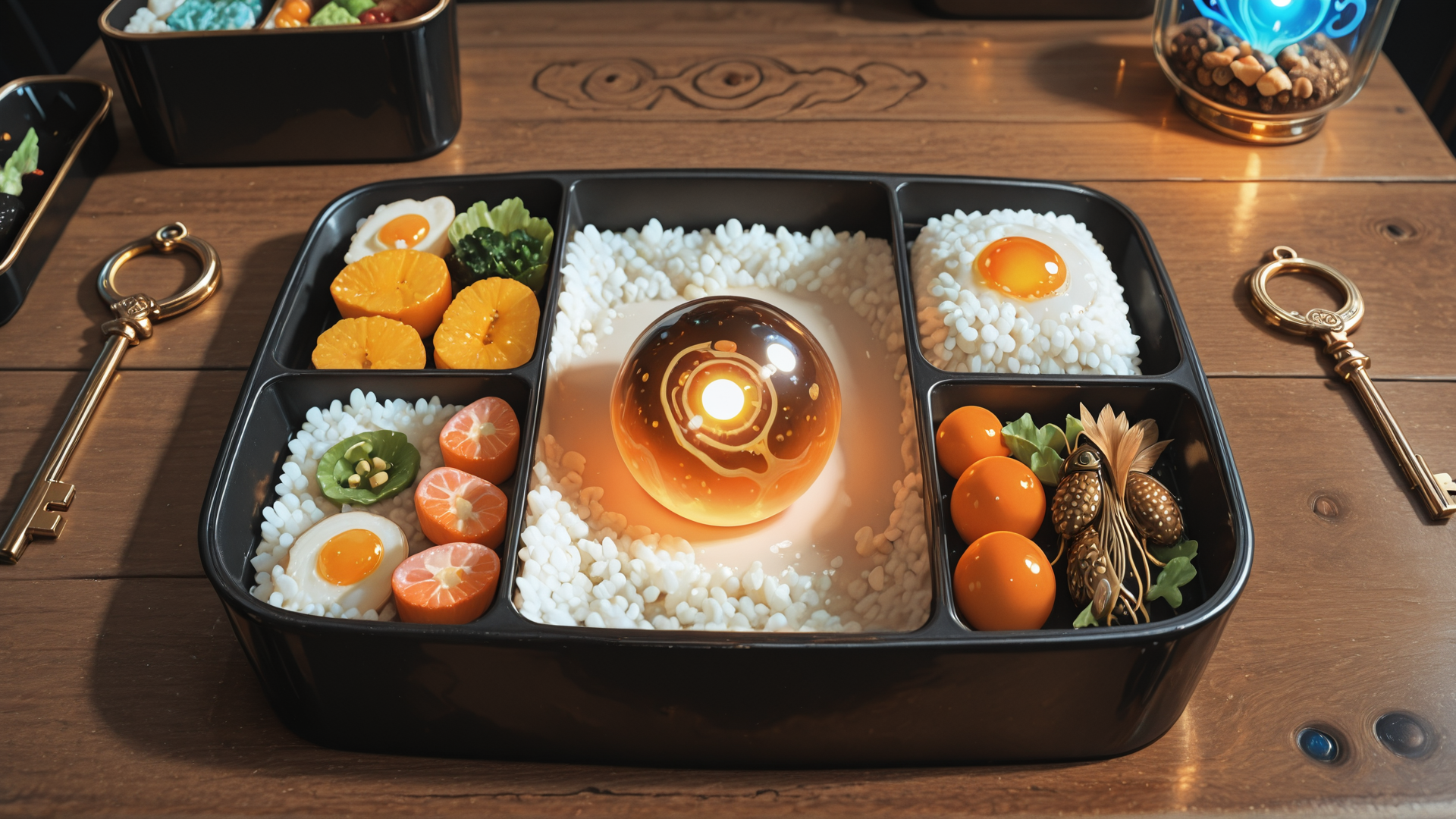 AI generated wallpaper featuring bento box, rice, egg, orange, key, globe, broccoli, clementine, pineapple, cherry
