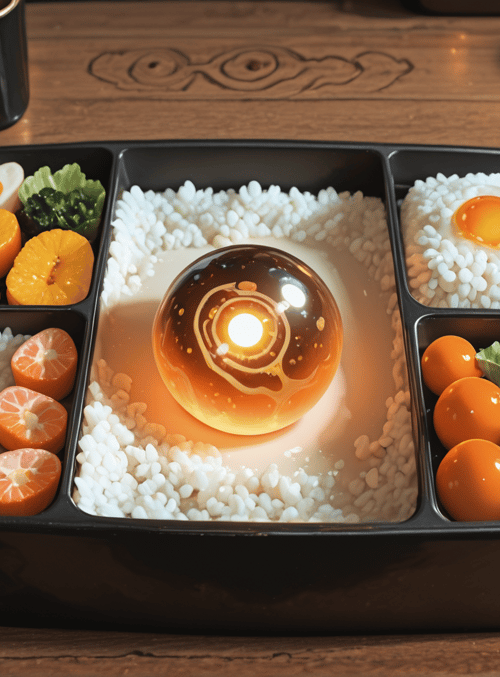 bento box, rice, egg, orange, key, globe, broccoli, clementine, pineapple, cherry