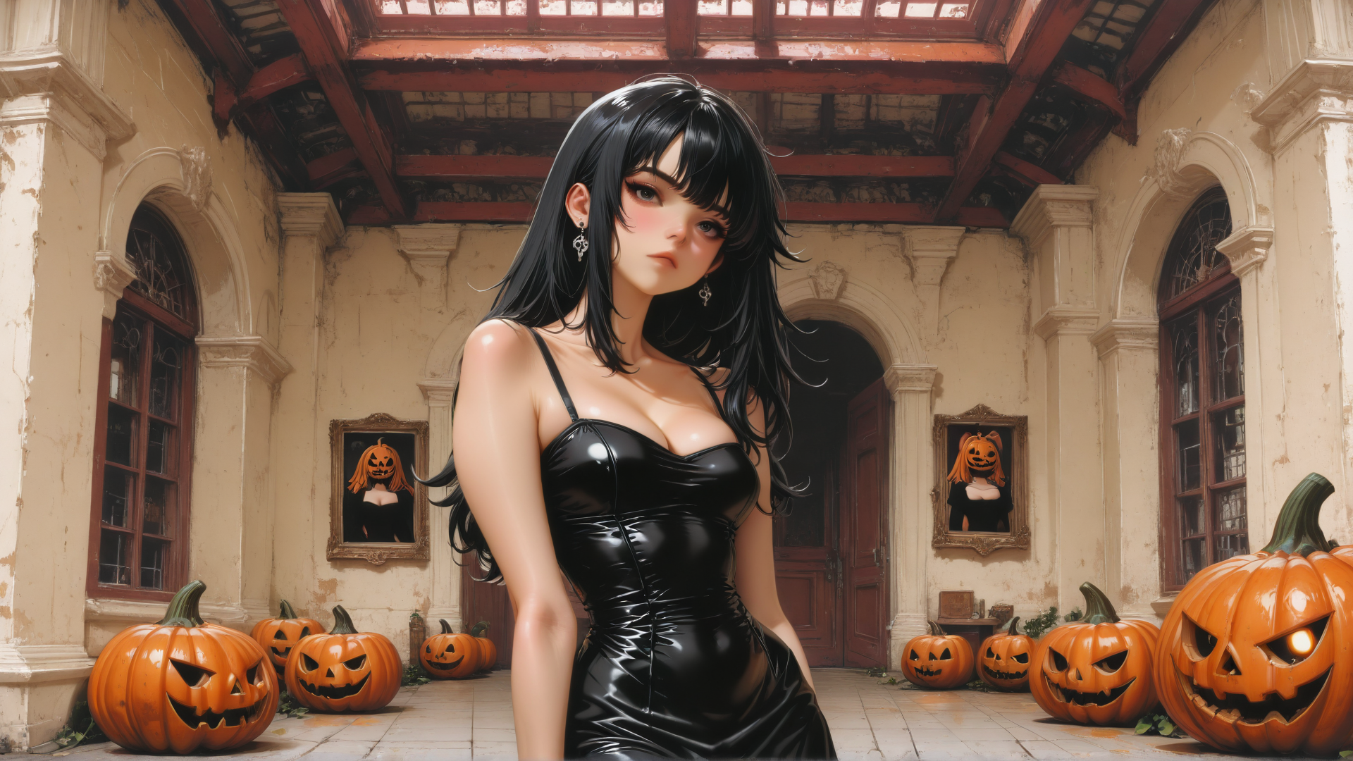 AI generated wallpaper featuring woman, pumpkin, painting, dress, hallway, window, door, earring, hair, painting