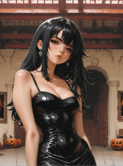 woman, pumpkin, painting, dress, hallway, window, door, earring, hair, painting