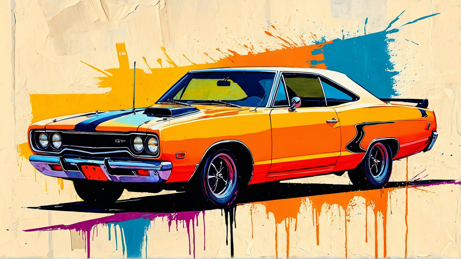 AI generated wallpaper featuring car, muscle car, classic car, dodge, gy6, street car