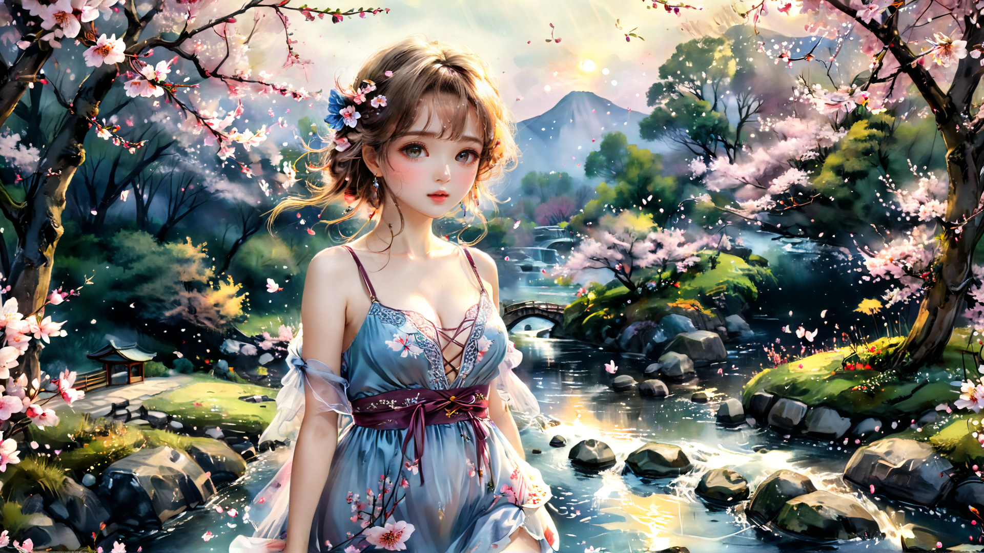 AI generated wallpaper featuring woman, sakura, stream