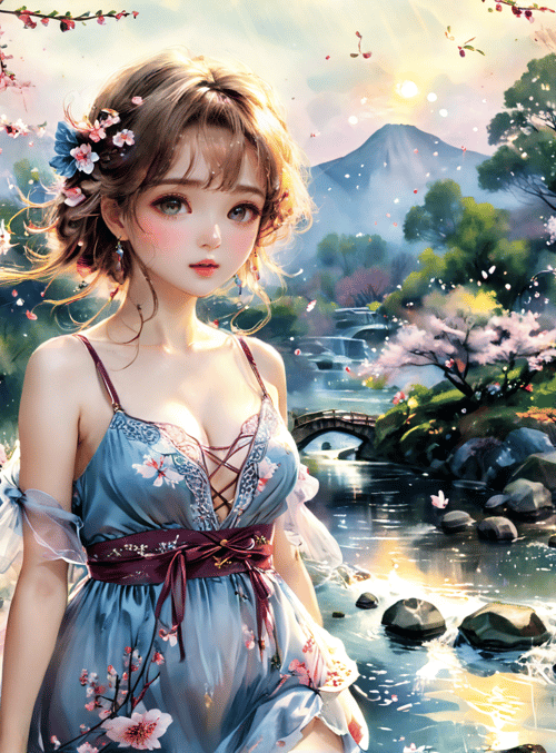 woman, sakura, stream
