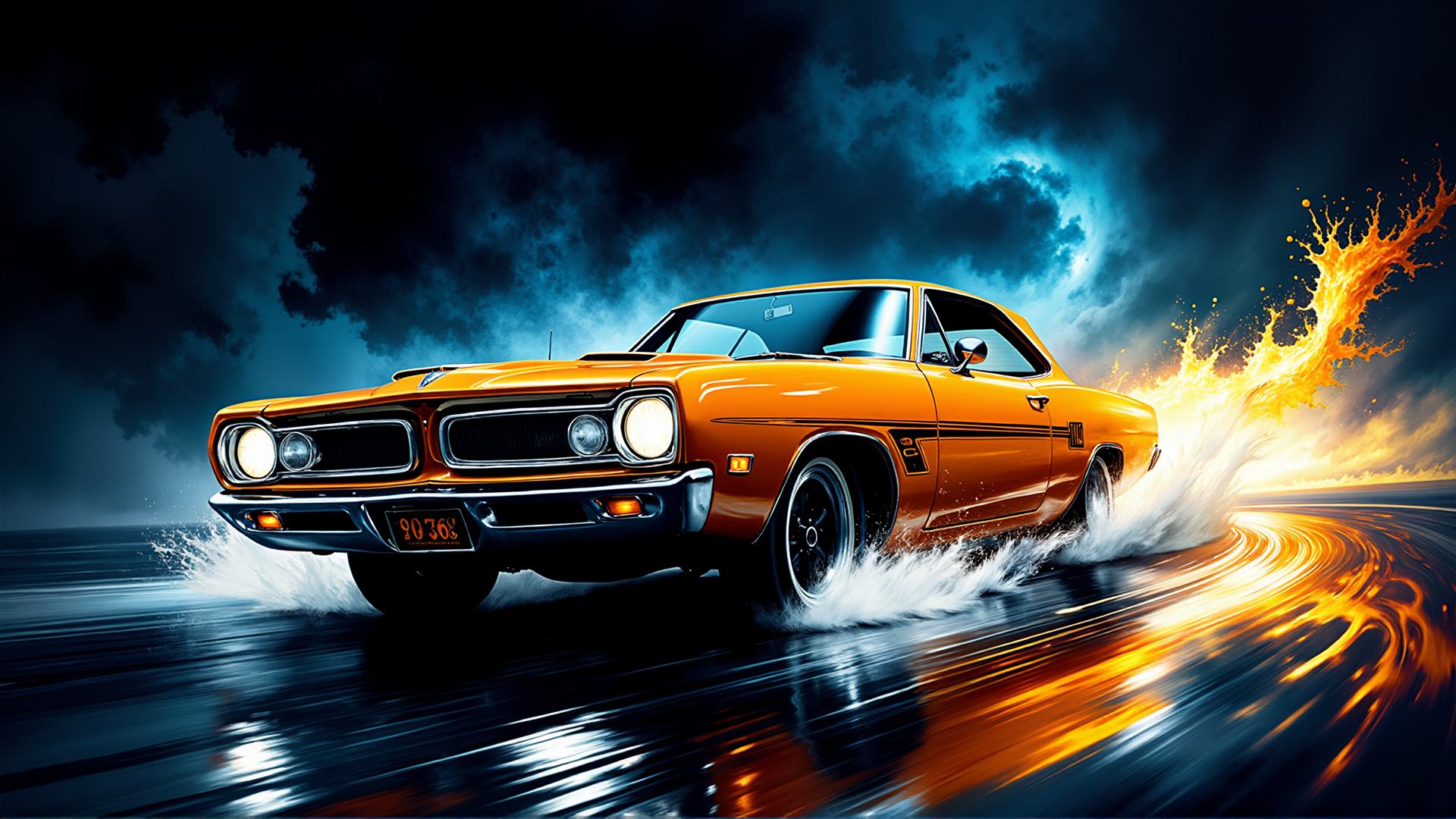 AI generated wallpaper featuring car, orange, coupe, road, splashes, speed