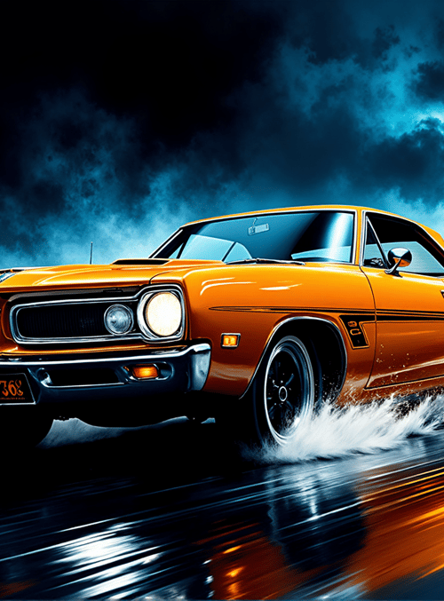 car, orange, coupe, road, splashes, speed