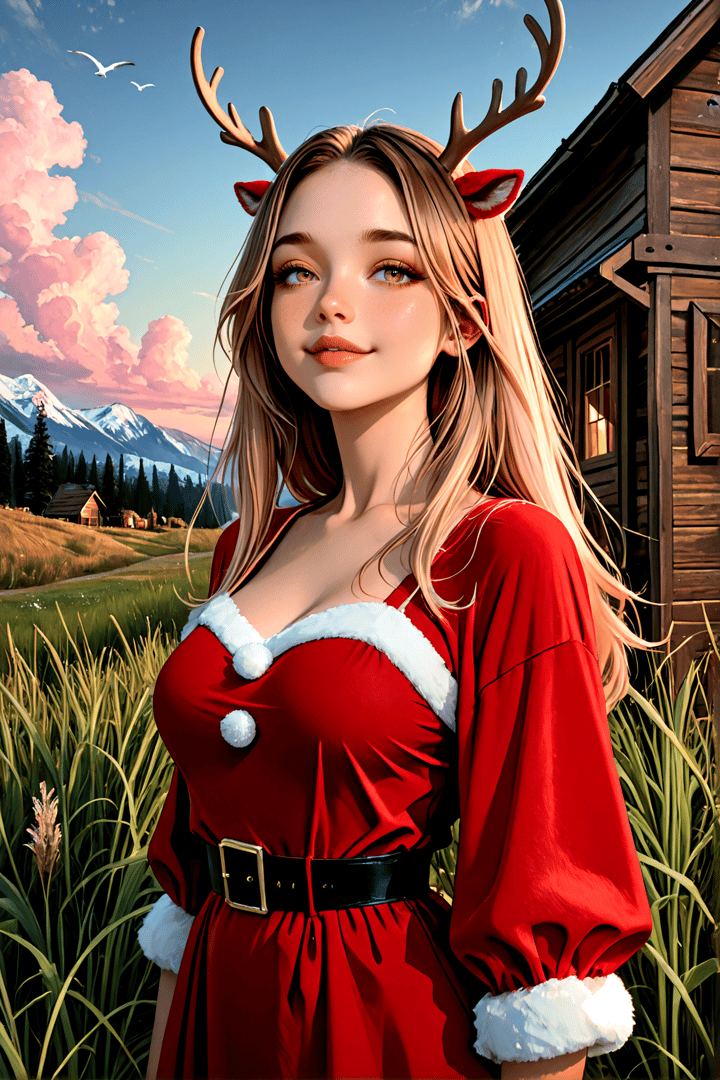 AI generated wallpaper featuring woman, deer antlers, reindeer ears, Santa dress, grass, house, mountains, clouds, birds, sun