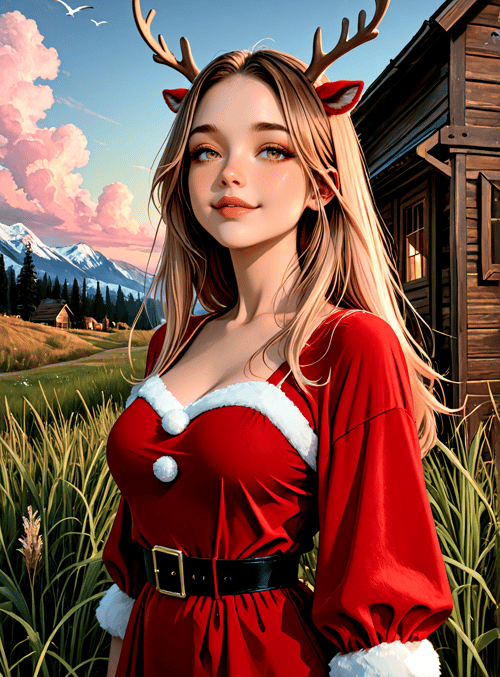 woman, deer antlers, reindeer ears, Santa dress, grass, house, mountains, clouds, birds, sun