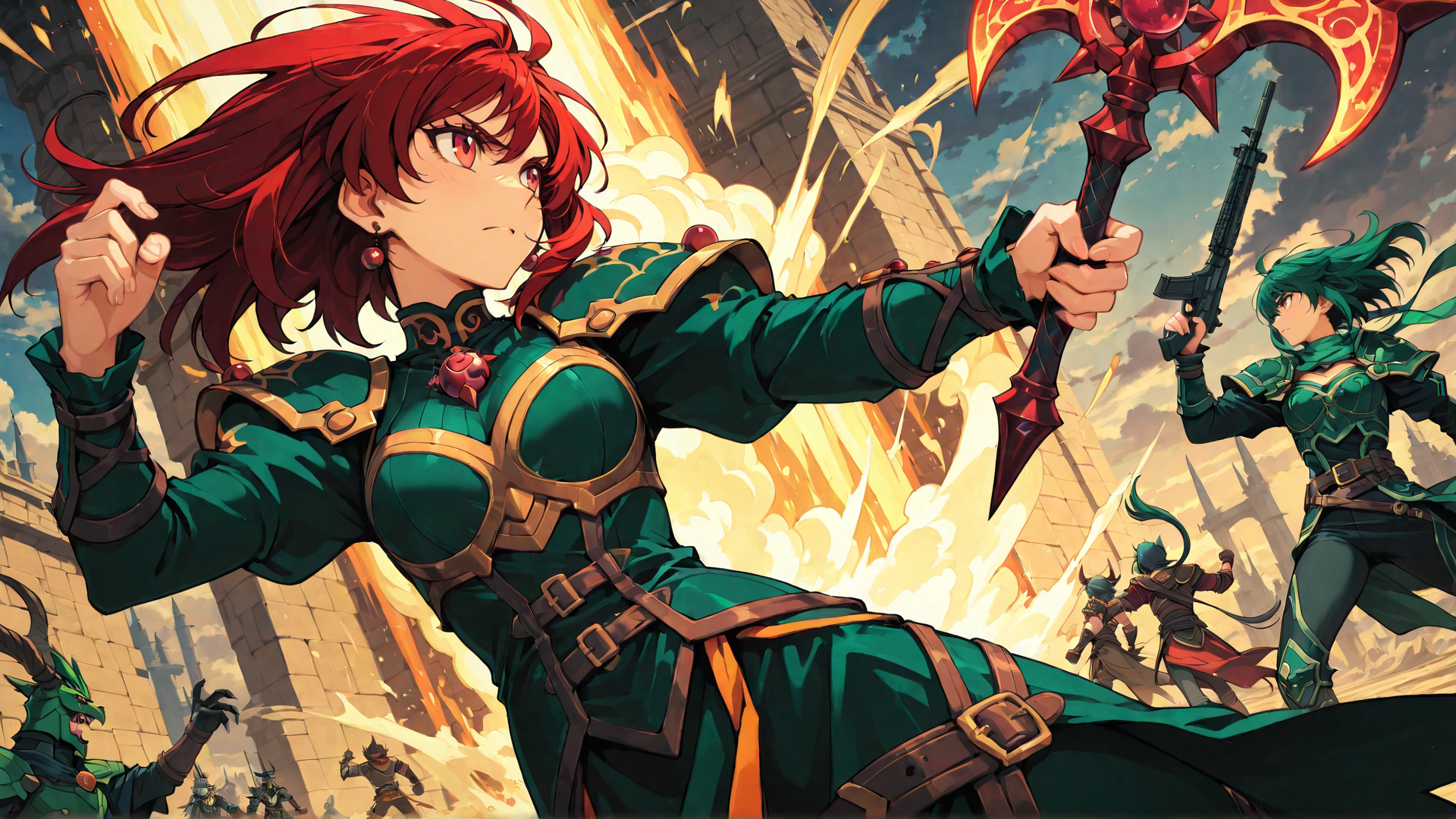 AI generated wallpaper featuring warrior, archer, soldier, character, hero, giant axe, rifle, castle, fire, explosion