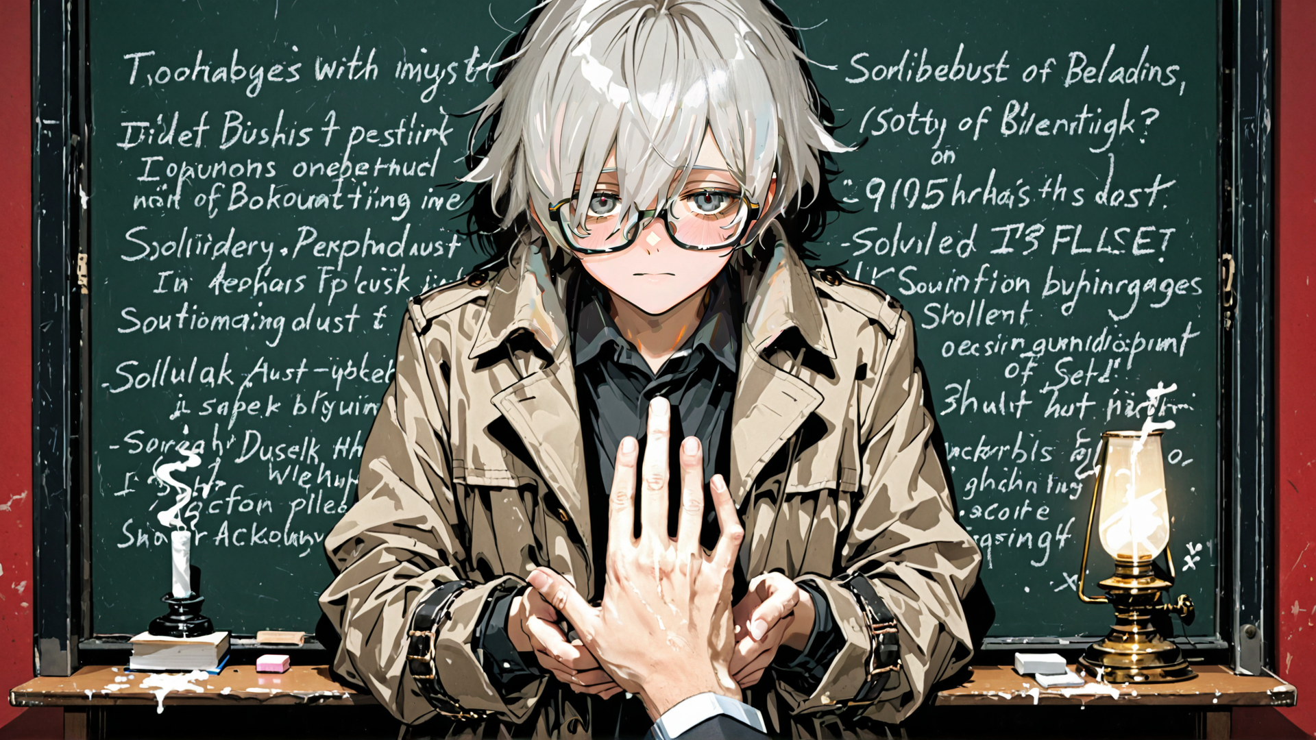 AI generated wallpaper featuring character, chalkboard, hands