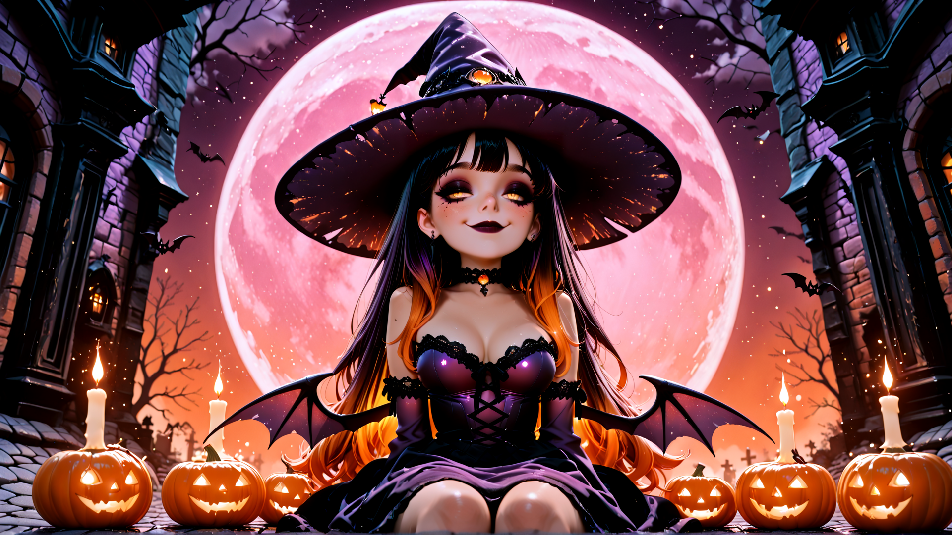 AI generated wallpaper featuring witch, pumpkin, bat, candle, castle, moon, candlestick, choker, gown, wings