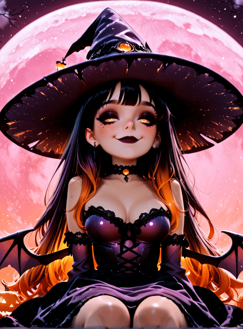 witch, pumpkin, bat, candle, castle, moon, candlestick, choker, gown, wings
