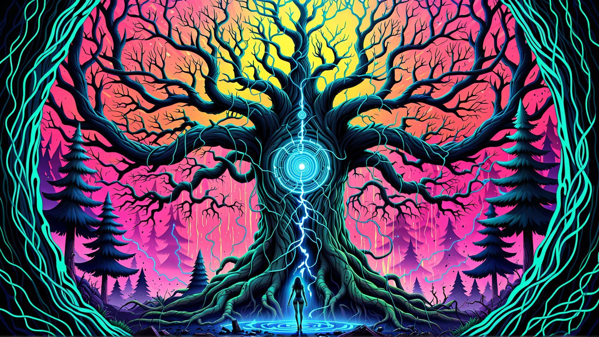 AI generated wallpaper featuring tree, woman, forest, lightning, roots, vines, circle