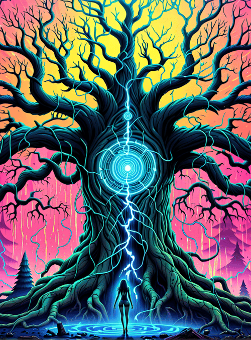 tree, woman, forest, lightning, roots, vines, circle