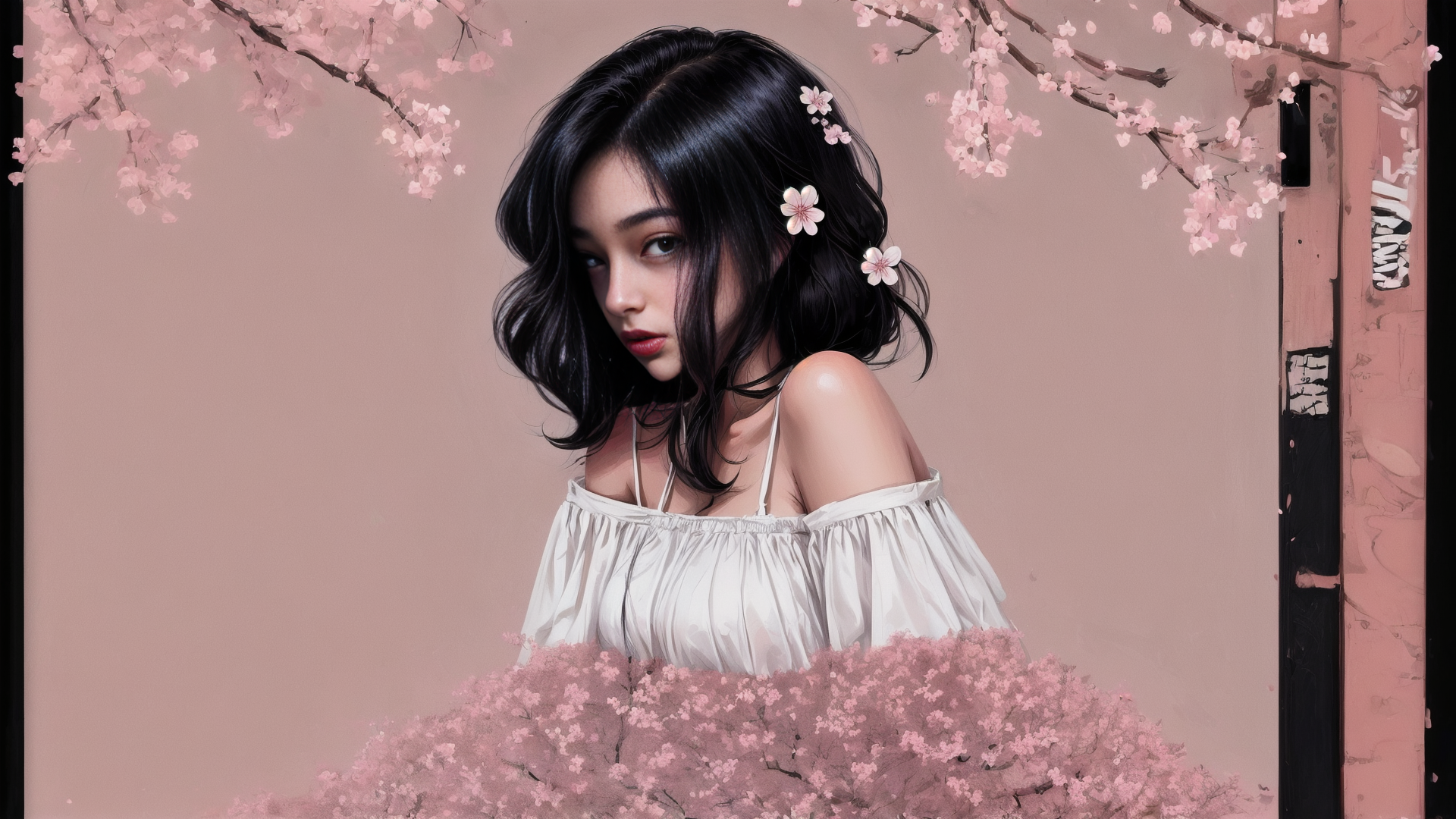 AI generated wallpaper featuring woman, cherry blossoms, branches