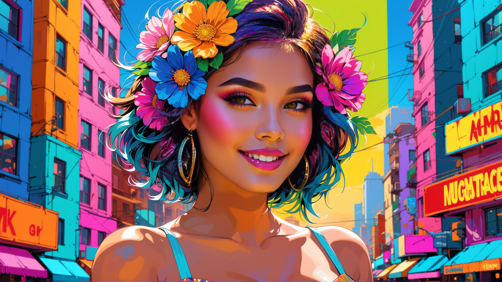 AI generated wallpaper featuring woman, flowers, city