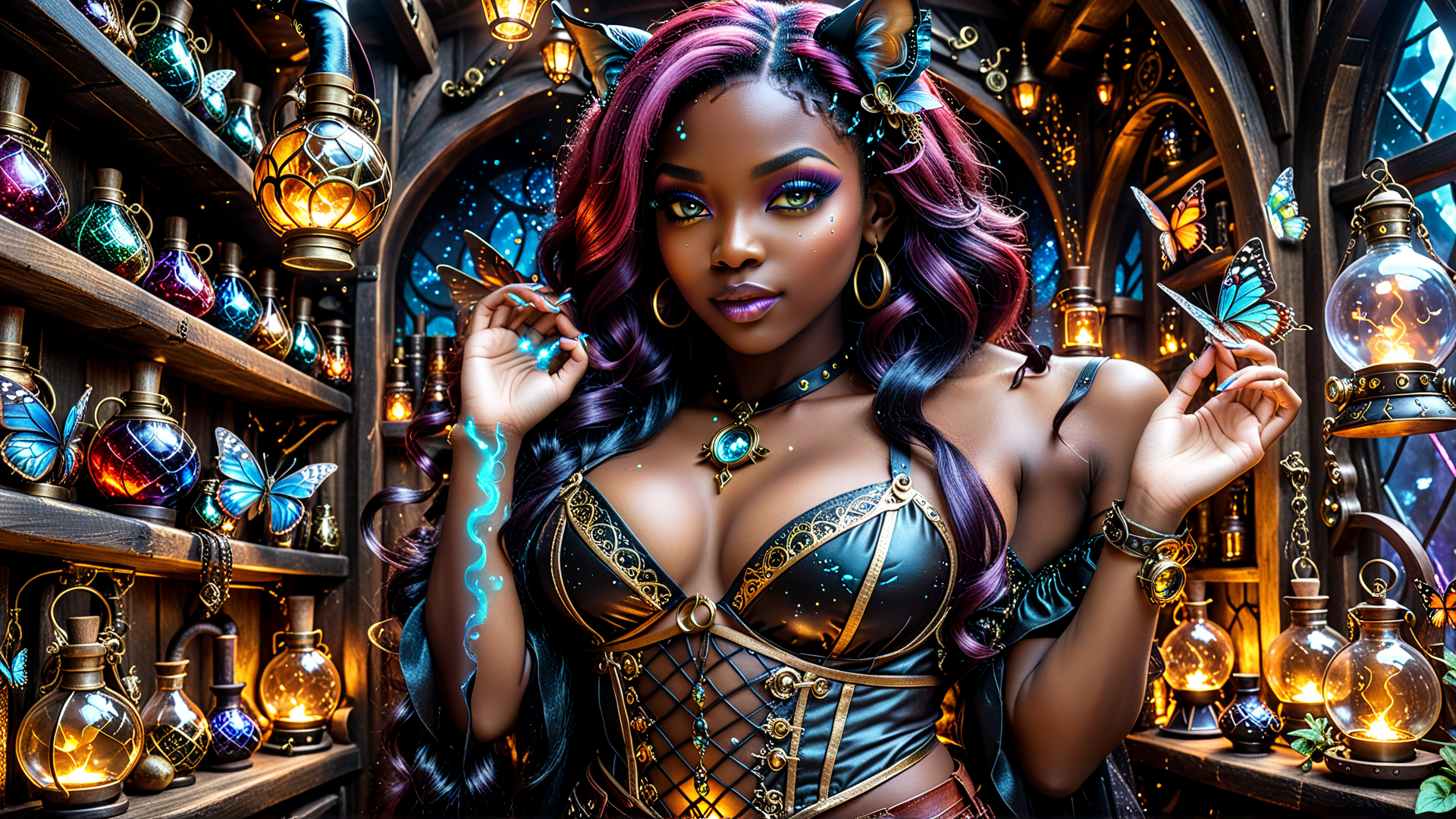 AI generated wallpaper featuring woman, butterfly, lantern, bottle, gloves, jewelry, hair
