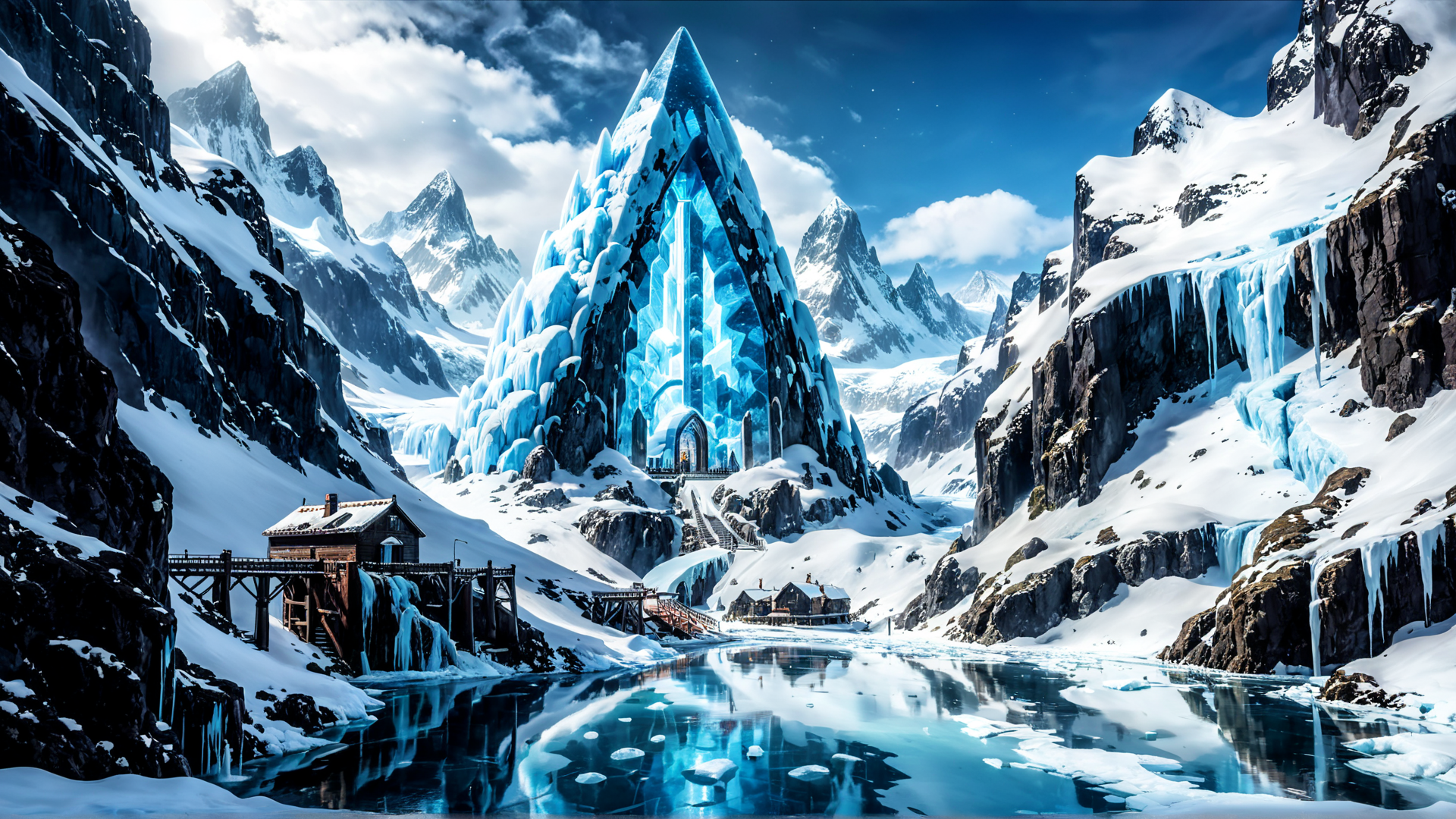 AI generated wallpaper featuring ice castle, mountains, lake, bridge, cabin, icicles, glacier, snow, frozen waterfall, huts