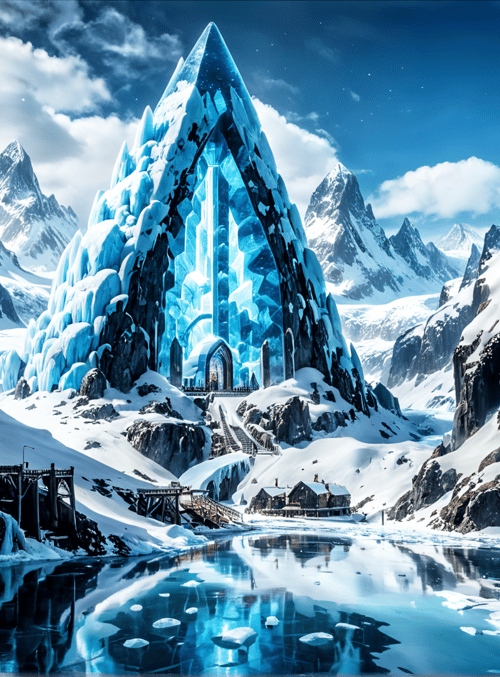 ice castle, mountains, lake, bridge, cabin, icicles, glacier, snow, frozen waterfall, huts