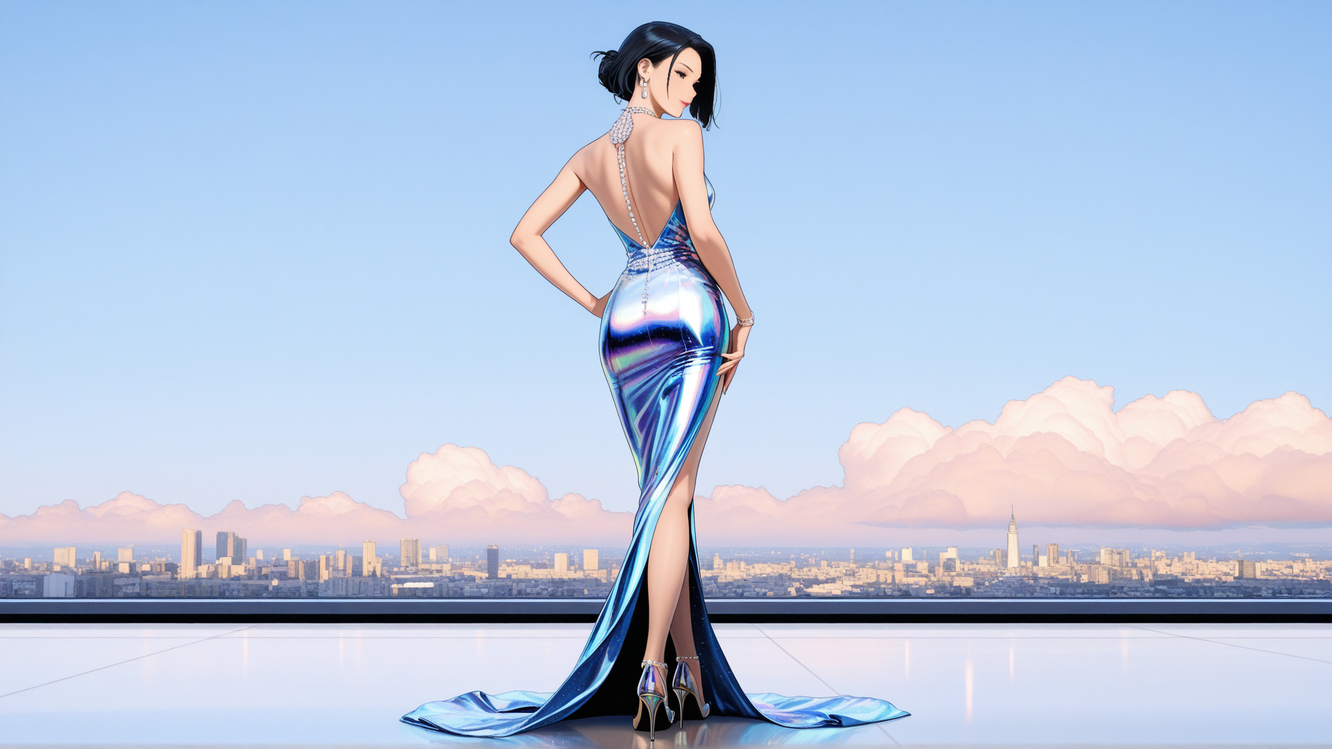 AI generated wallpaper featuring woman, dress, city
