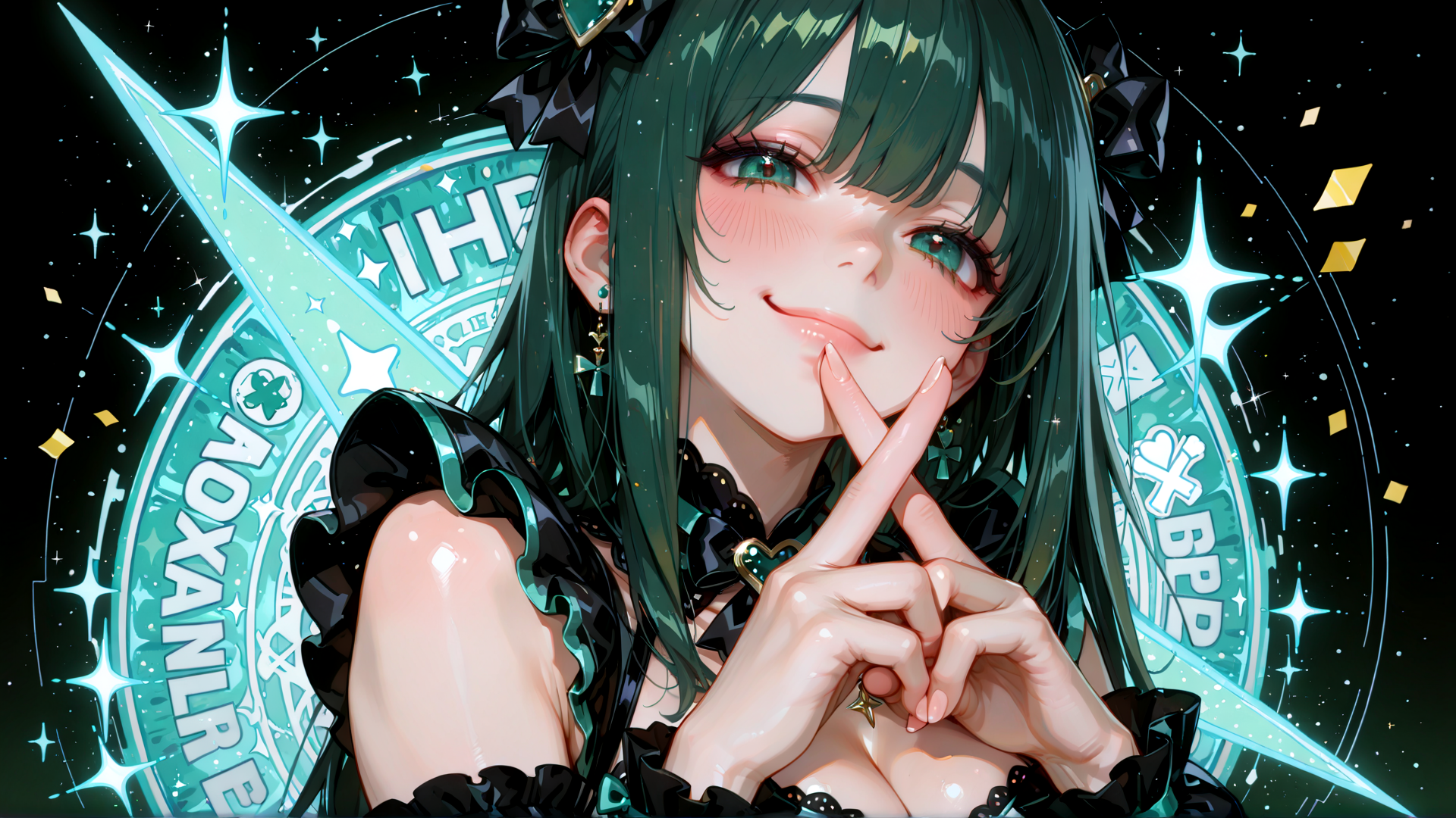 AI generated wallpaper featuring girl, anime, character, hand, stars, sword