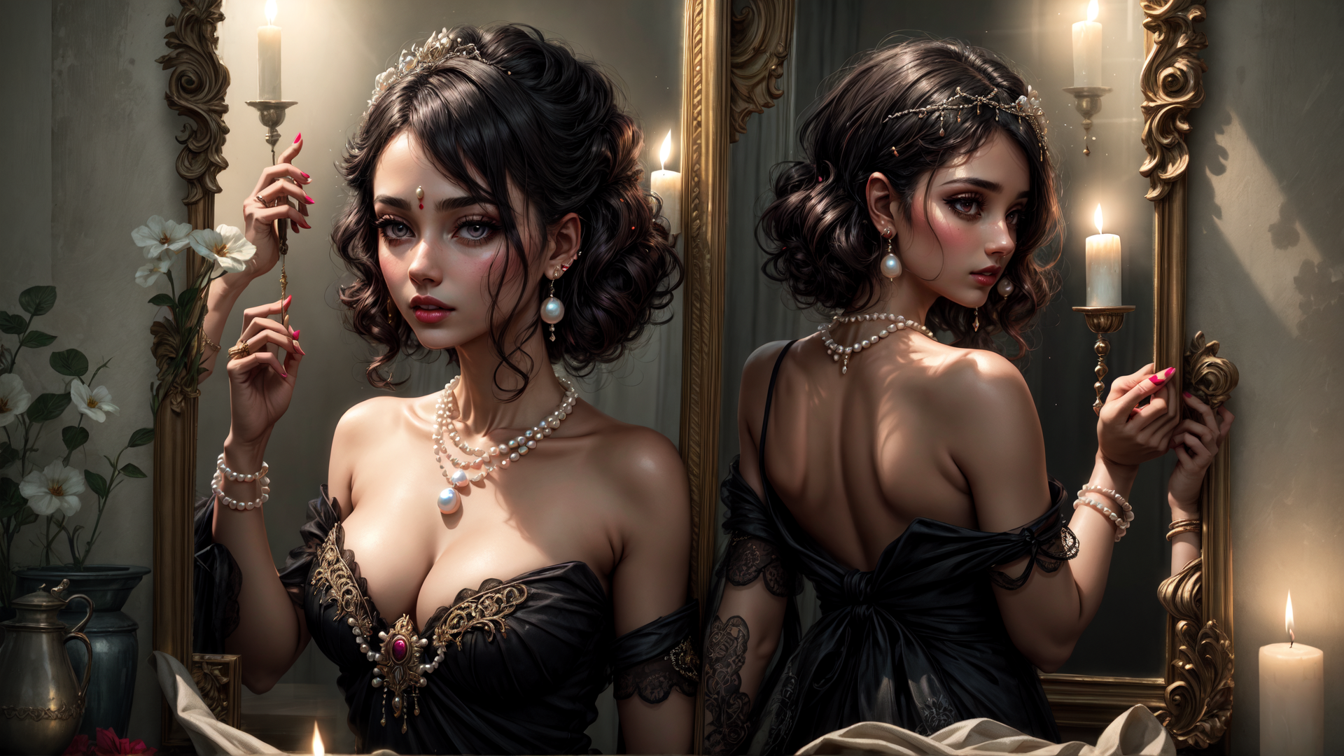 AI generated wallpaper featuring woman, mirror, candle, dress, pearl, jewelry, flower, necklace, braid, gown