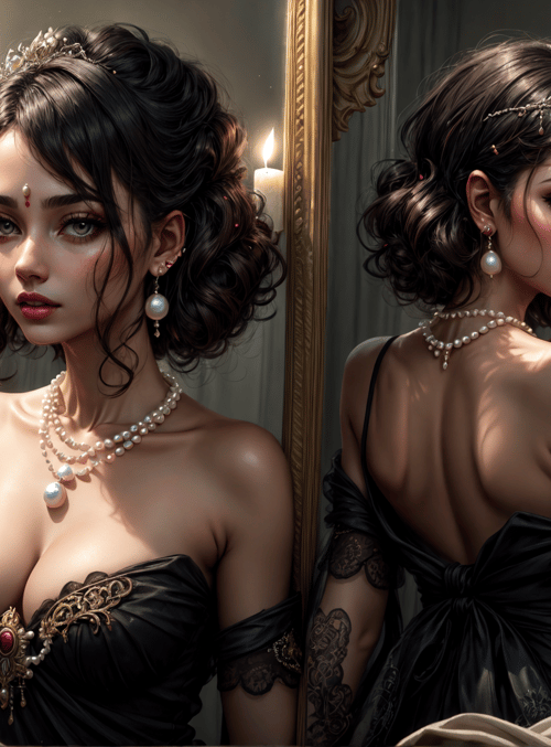 woman, mirror, candle, dress, pearl, jewelry, flower, necklace, braid, gown