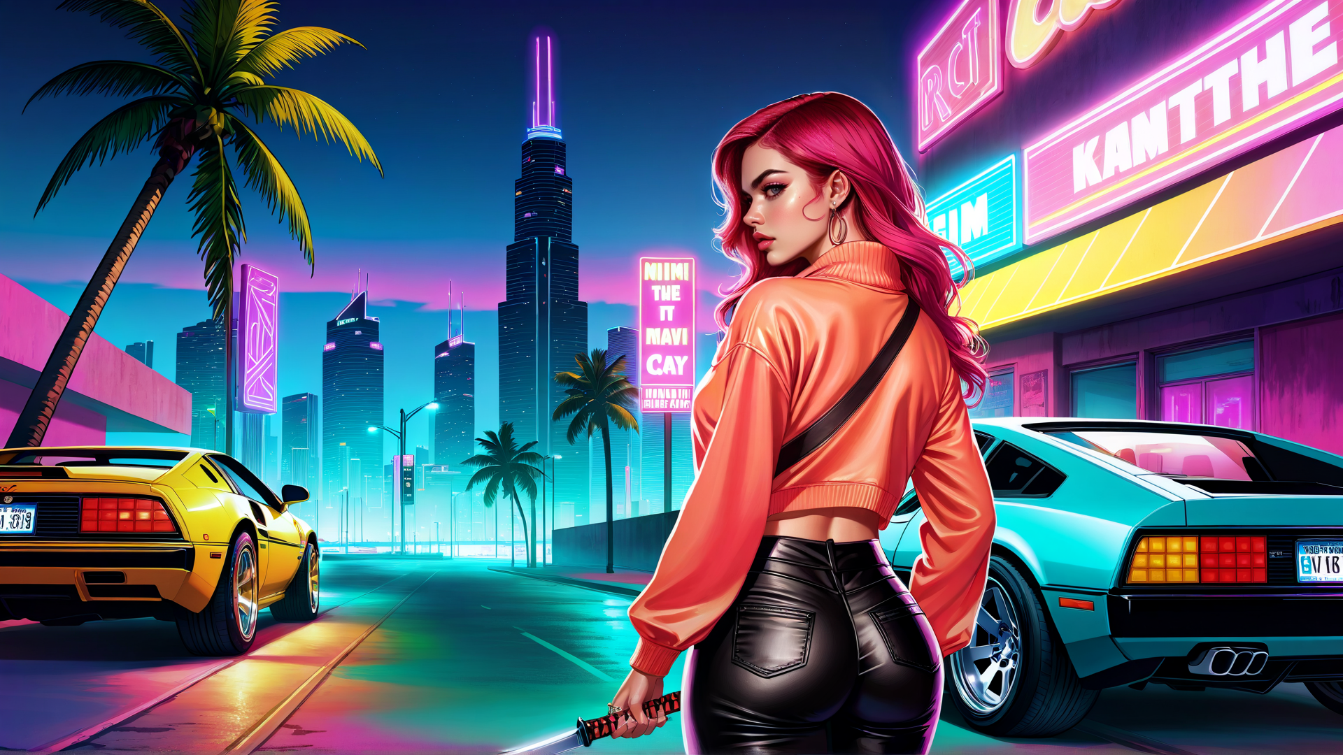 AI generated wallpaper featuring woman, cars, city
