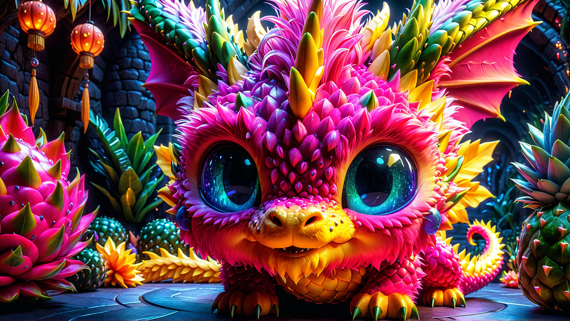 AI generated wallpaper featuring dragon, fruit, creature