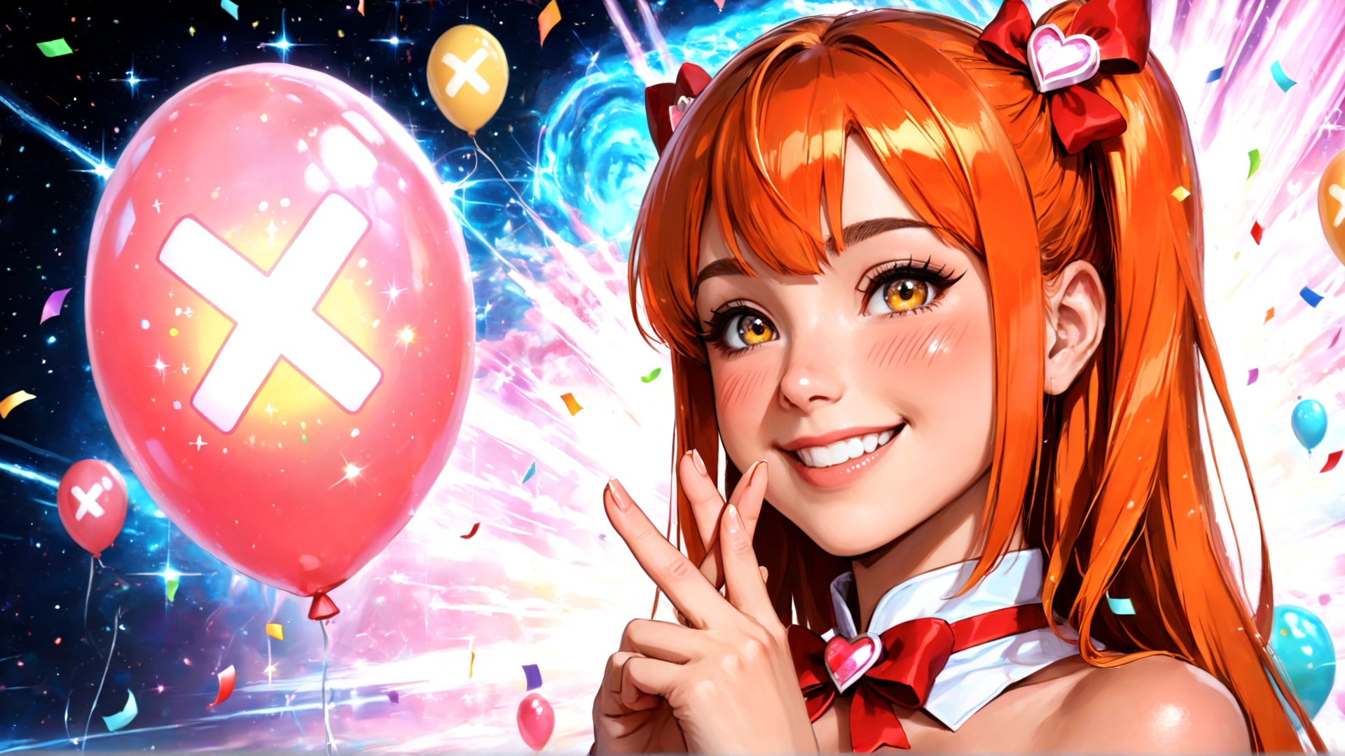 AI generated wallpaper featuring girl, balloon, confetti, heart, bow, celebration