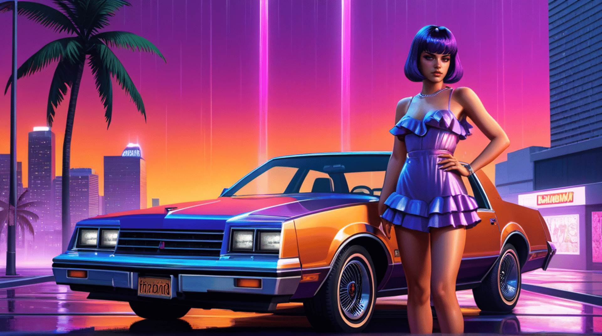 AI generated wallpaper featuring woman, car