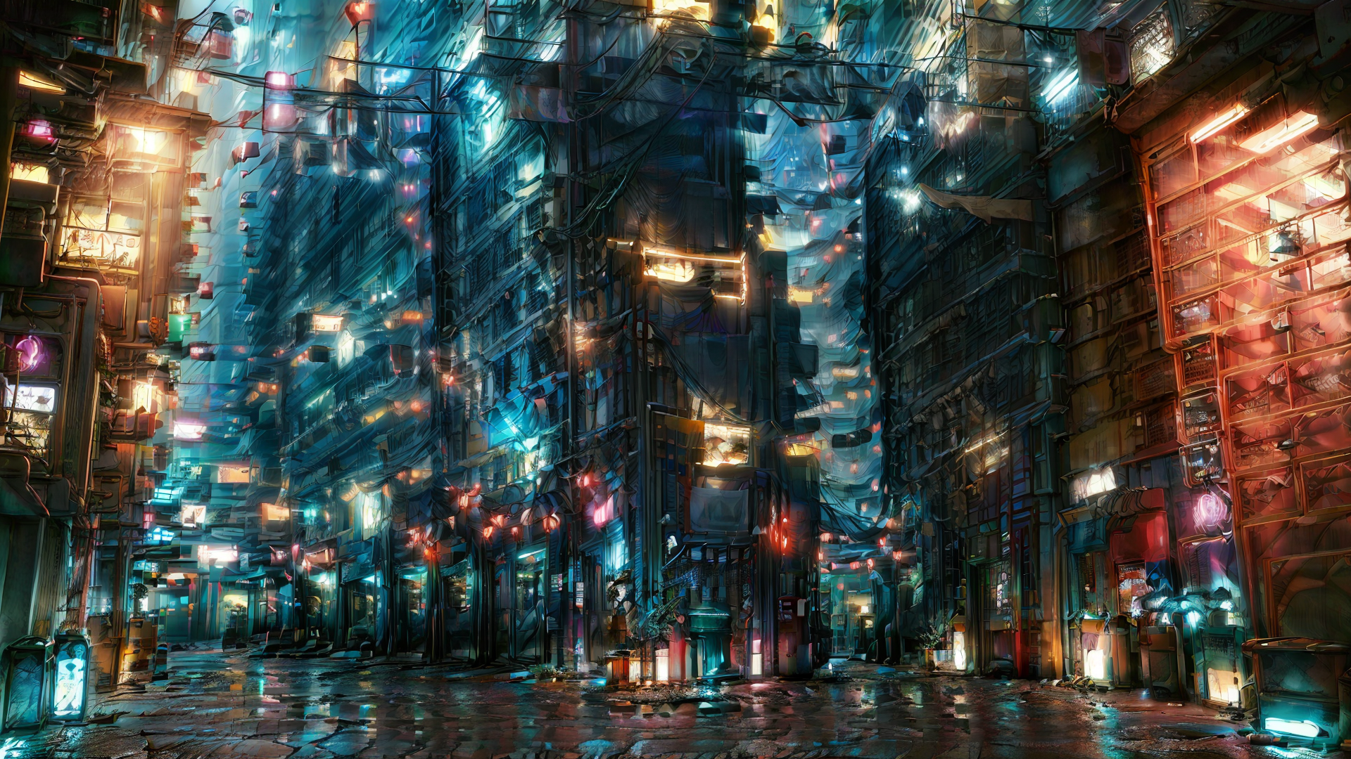 AI generated wallpaper featuring city, street, buildings