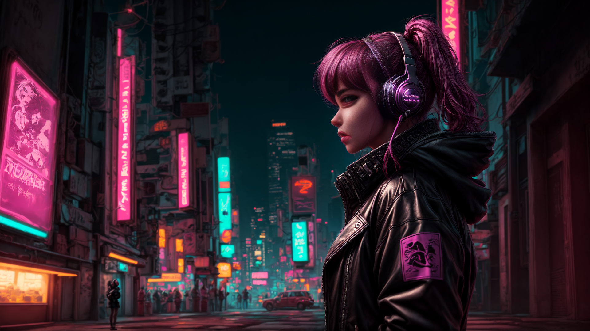 AI generated wallpaper featuring girl, headphones, city