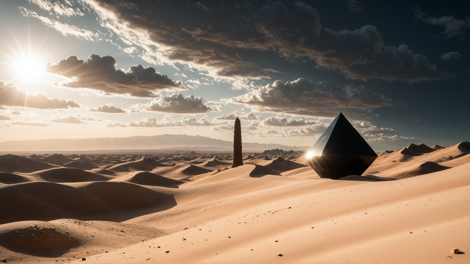 AI generated wallpaper featuring pyramid, sand dune, sun, cloud, desert, sky, mountain