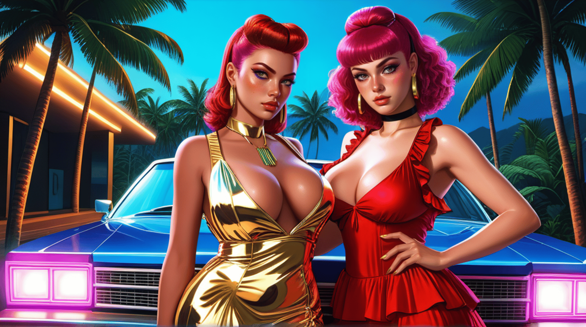 AI generated wallpaper featuring women, car, palm trees
