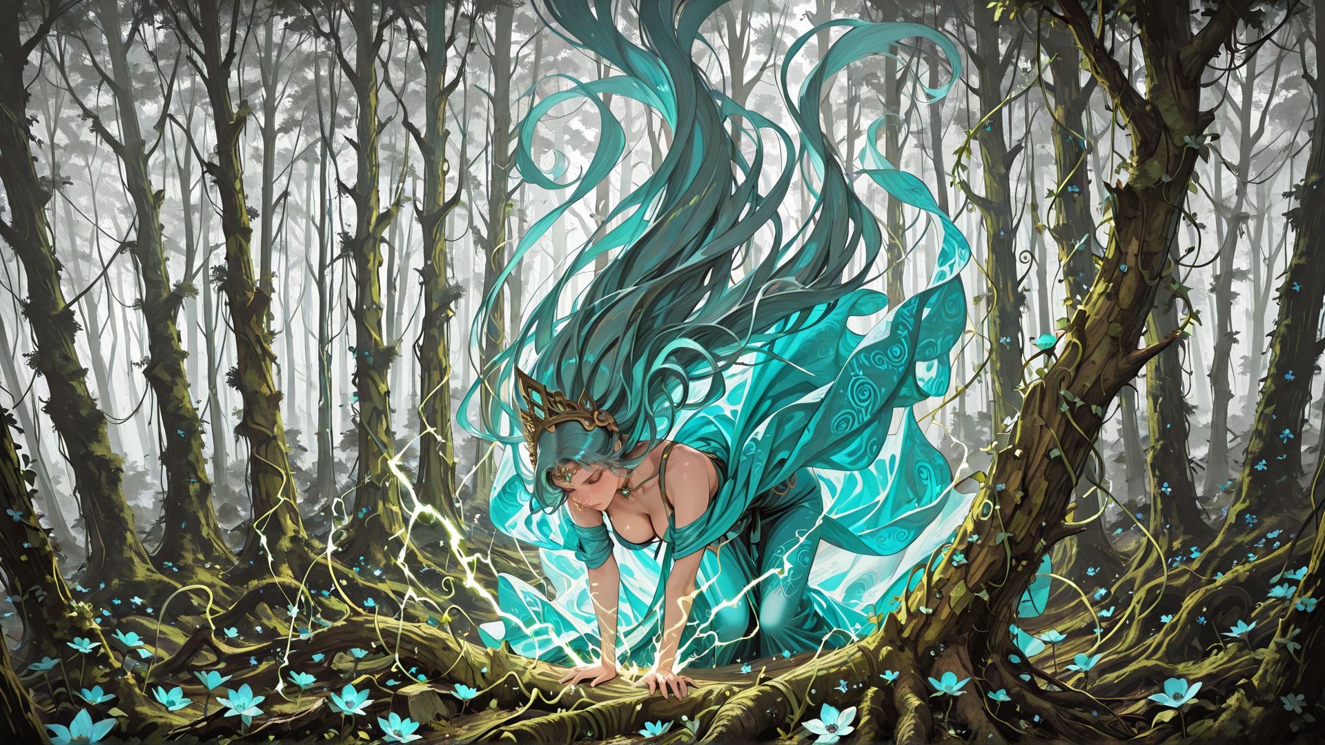 AI generated wallpaper featuring elf, forest, tree, fairy, femme, nature, queen, woman, magic, goddess