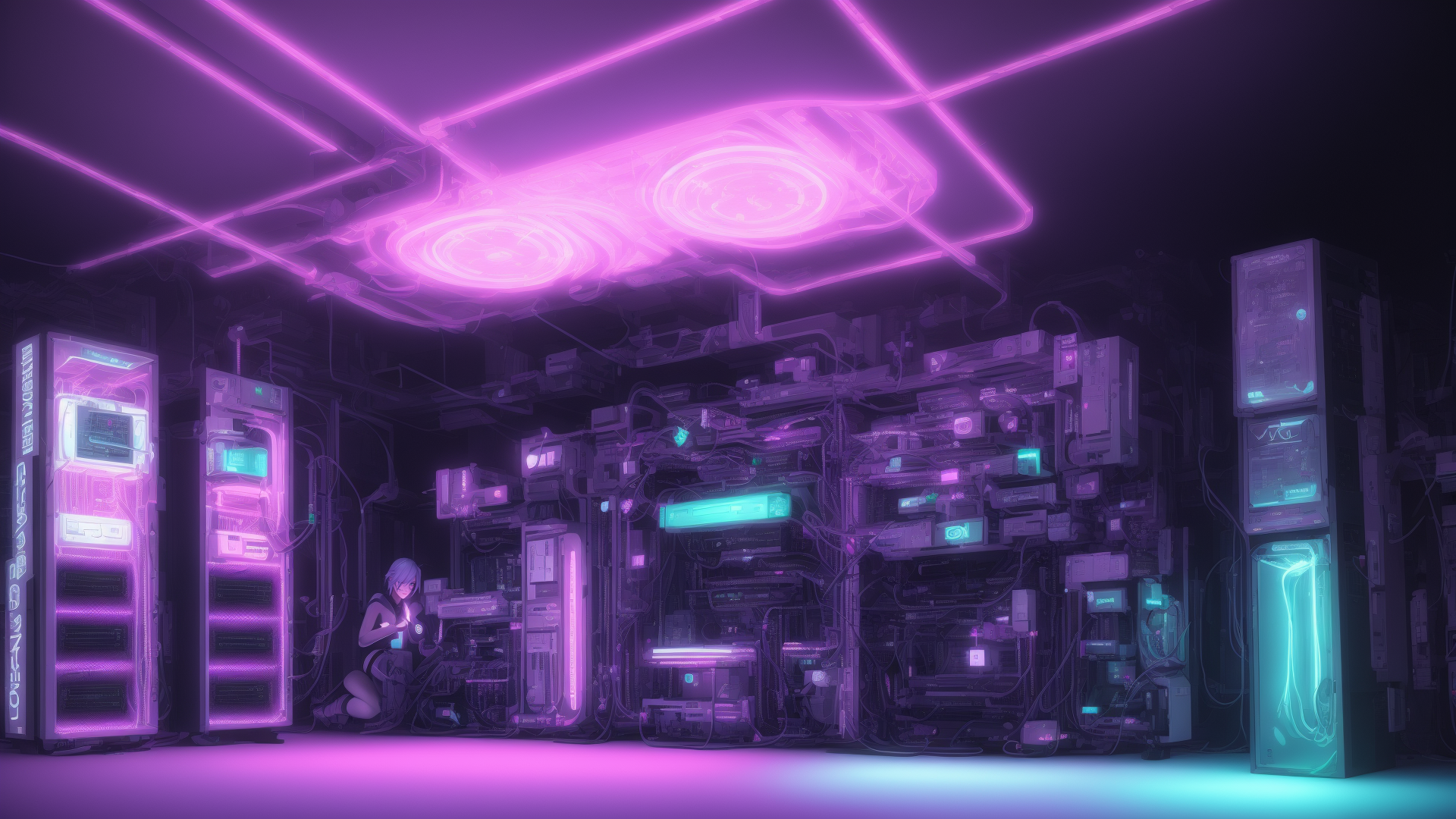 AI generated wallpaper featuring cyberpunk, server, person