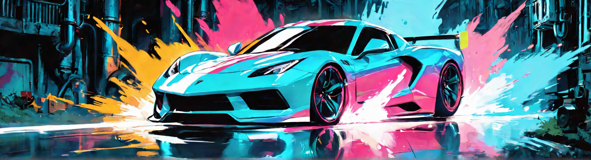 AI generated wallpaper featuring car, street, cityscape, paint, reflection, wheels, suspension, vehicle, racing, neon