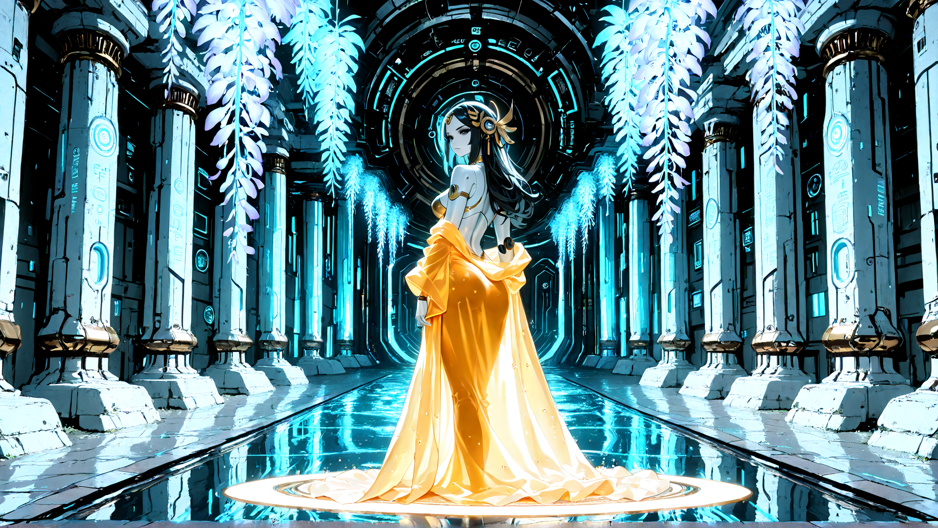 AI generated wallpaper featuring woman, dress, columns, portal, feathers, technology