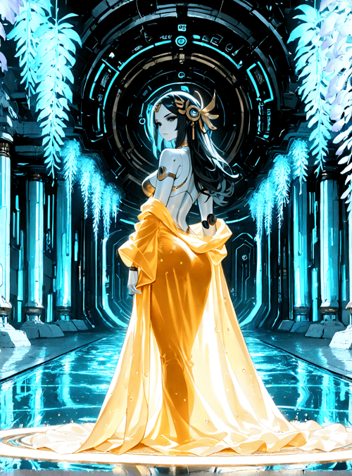 woman, dress, columns, portal, feathers, technology