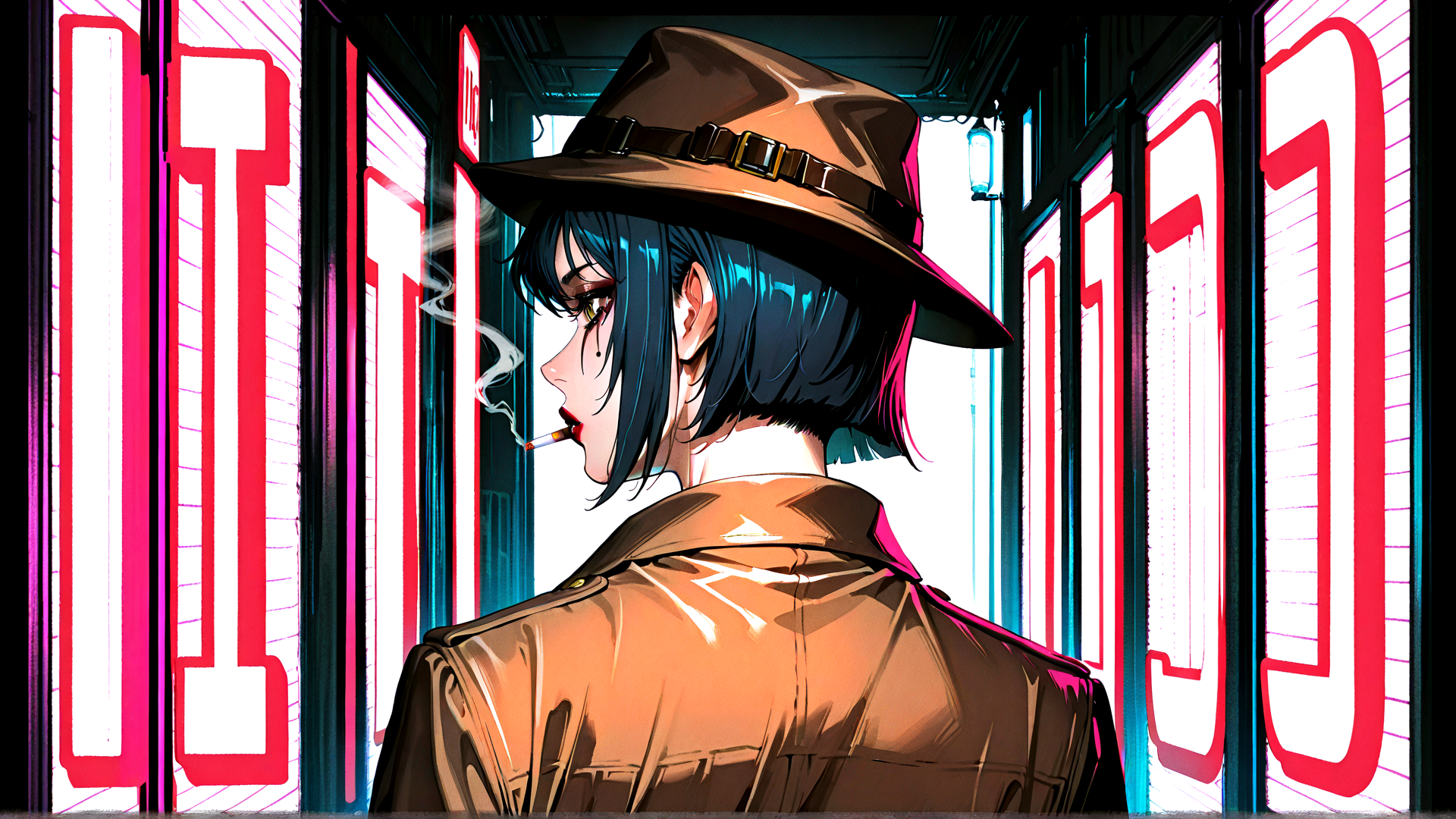 AI generated wallpaper featuring woman, hatter, smoker, neon, cityscape