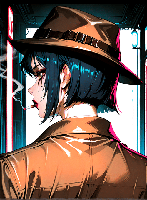 woman, hatter, smoker, neon, cityscape