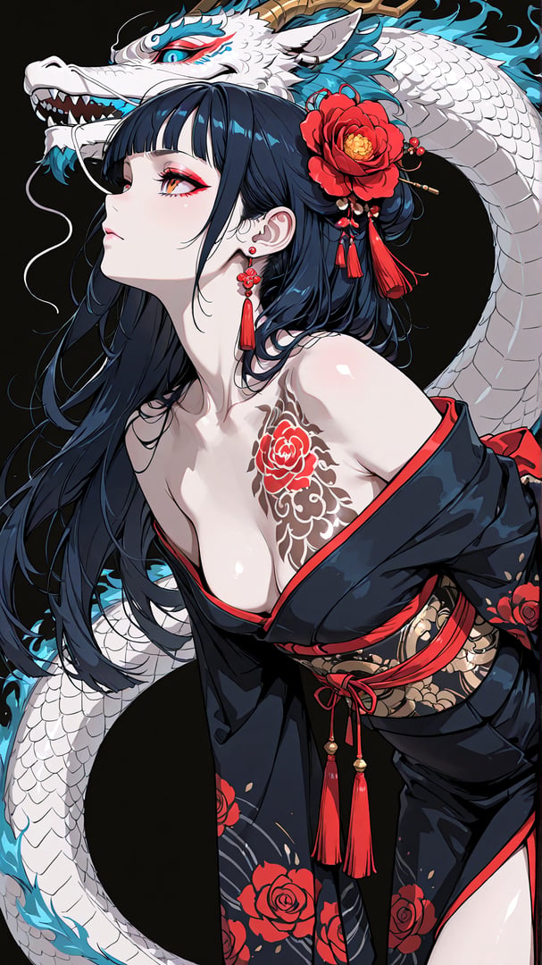 AI generated wallpaper featuring woman, dragon, flower