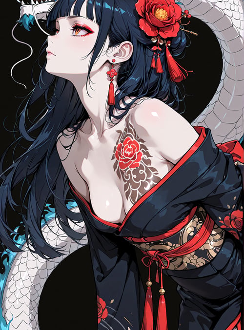 woman, dragon, flower