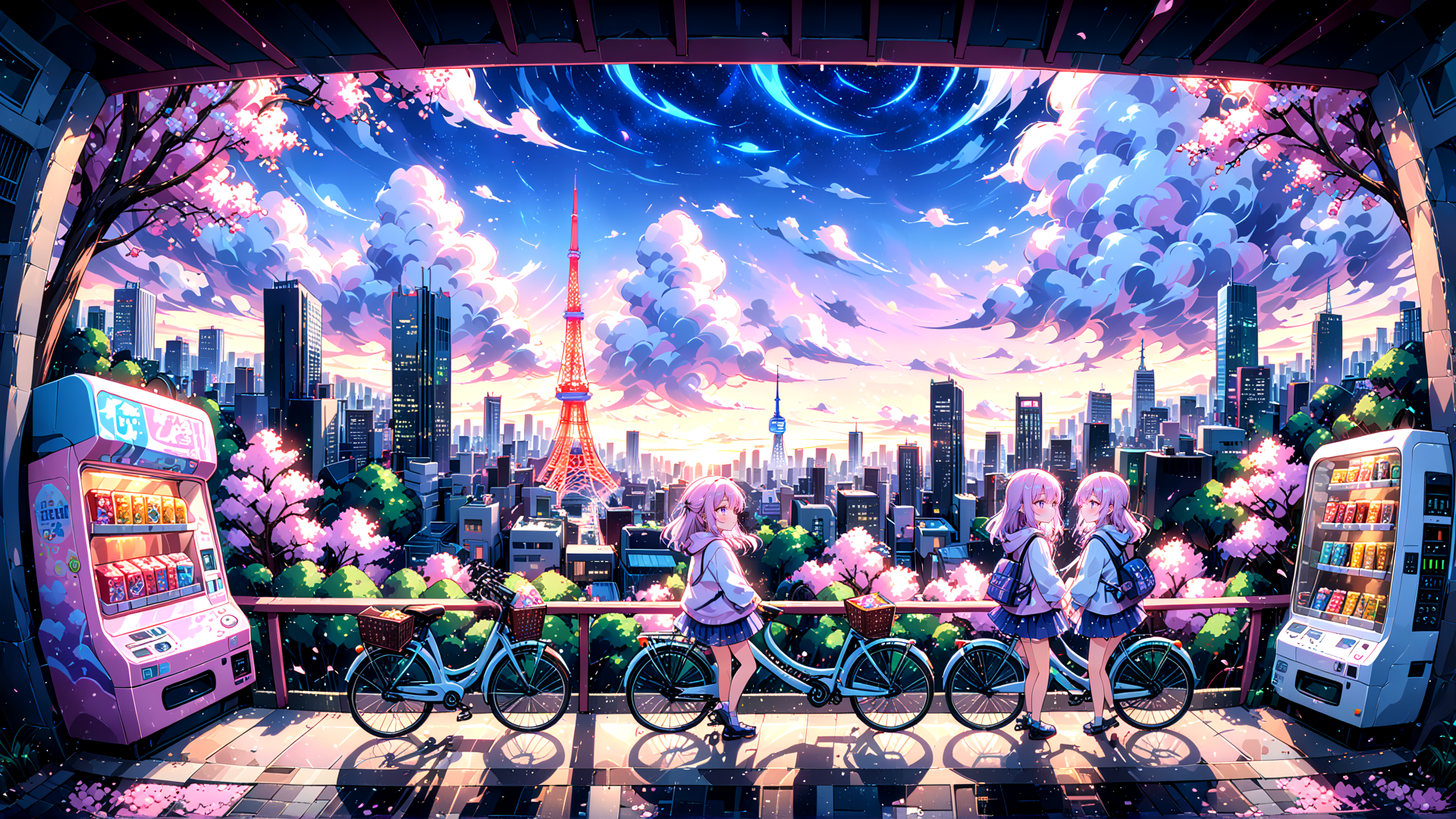 AI generated wallpaper featuring girls, bicycles, tokyo tower