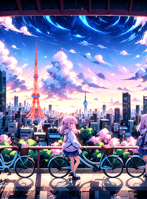 girls, bicycles, tokyo tower