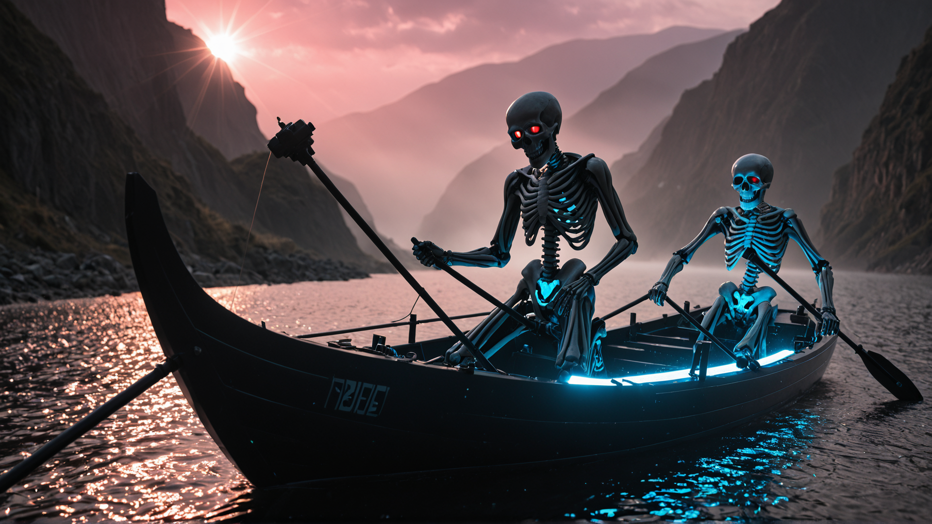AI generated wallpaper featuring skeletons, boat, oars