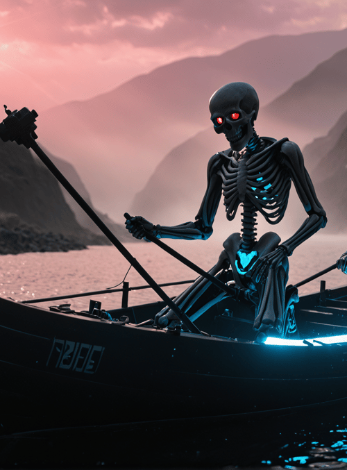 skeletons, boat, oars