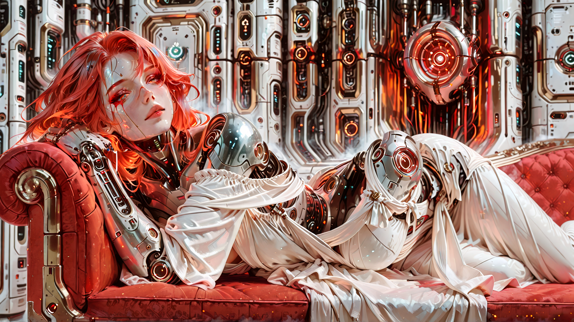 AI generated wallpaper featuring cyborg, woman, robot, sofa, technology